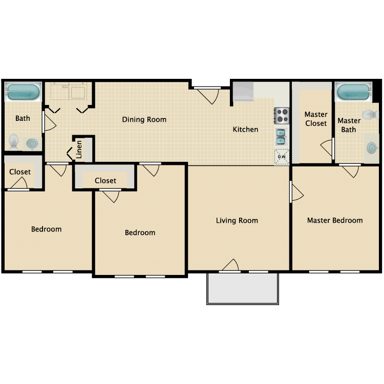 Floor plan for 3 beds, 2 baths, 1156 sqft